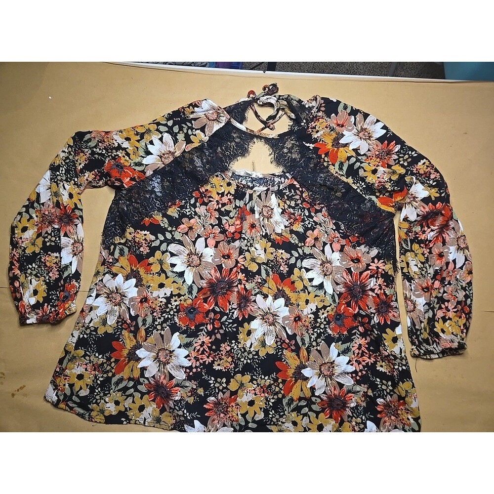 Entro Womens Boho Floral Long Sleeve Blouse Large black lace tie back